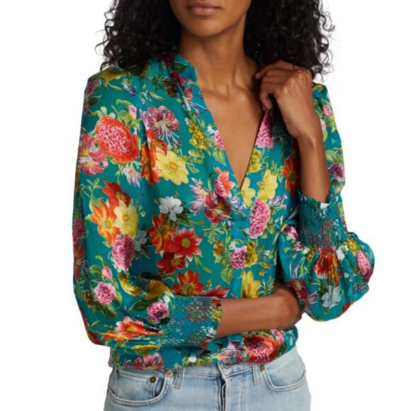 Alice + Olivia Tops - Alice + Olivia Sheila Floral Print Silk Blouse Top Summer Bliss Blue Size XS NWT
